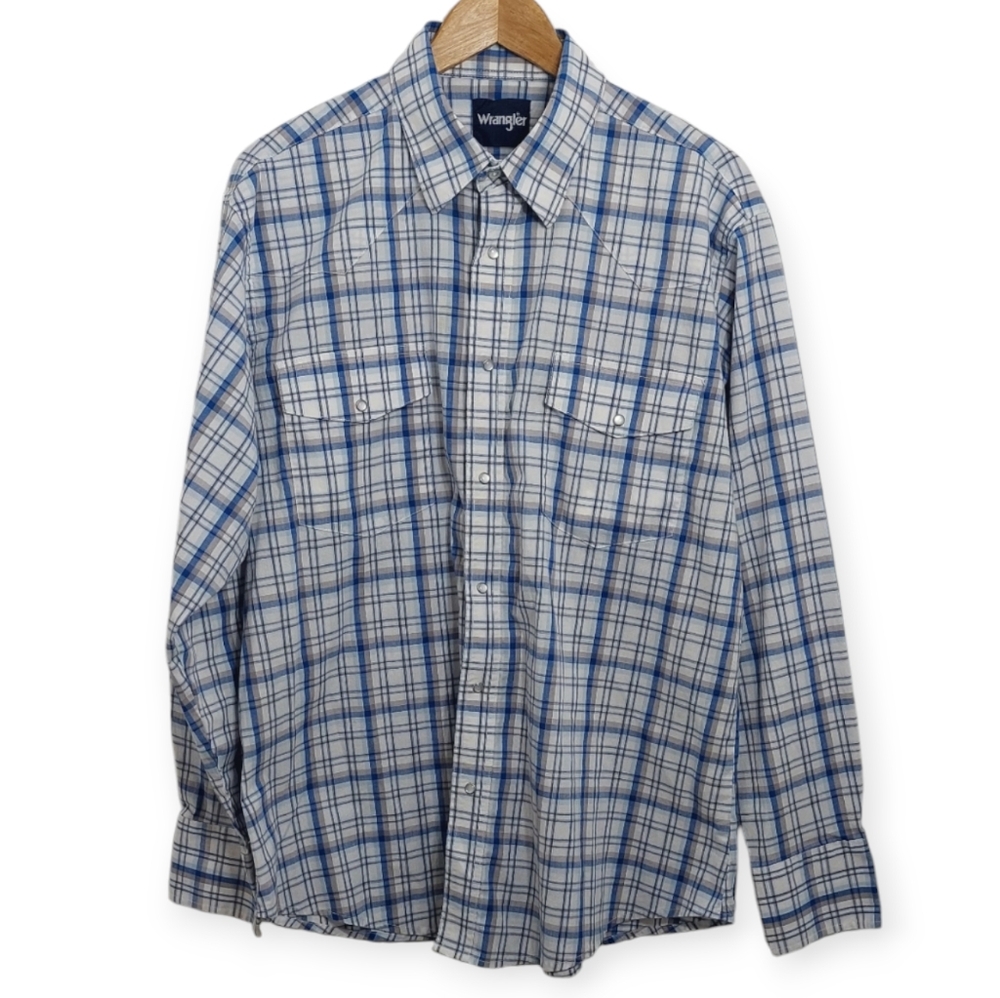 Wrangler Men's Size XL Pearl Snap Long Sleeve Plaid Shirt Top Blue White